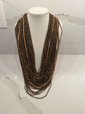 Boho Multi Strand Bronze Seed Bead Wood Statement Bib Necklace Crochet Collar
